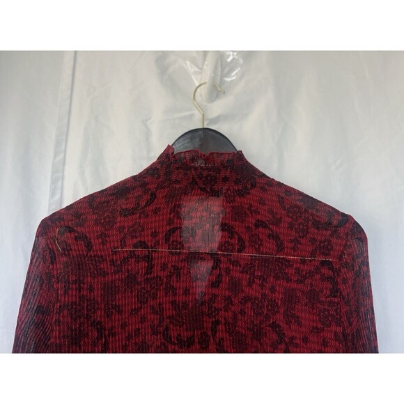 Apt. 9 Red Sheer Mesh Button Up Blouse M Floral Bell Sleeve Ruffle Whimsygoth - Picture 5 of 6